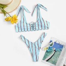 Romwe Striped Lace-up Top With High Cut Bikini