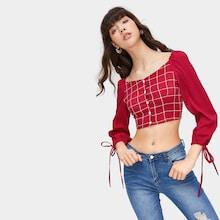 Romwe Drawstring Cuff Plaid Print Crop Blouse