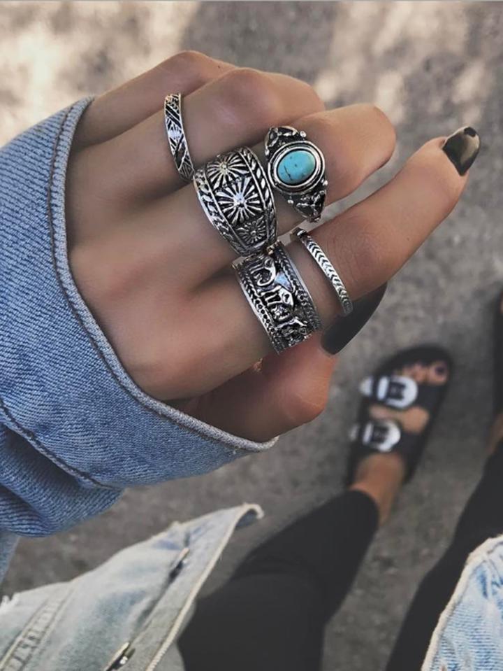 Romwe Elephant & Geometric Detail Ring Set 5pcs