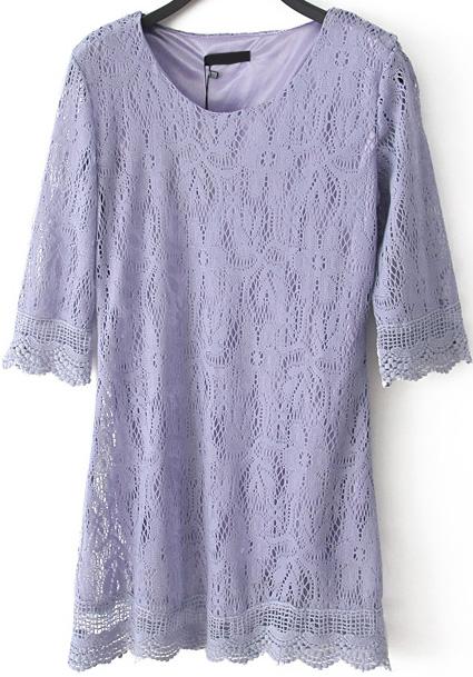 Romwe Round Neck Lace Shift Purple Dress