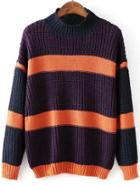 Romwe High Neck Striped Color-block Sweater