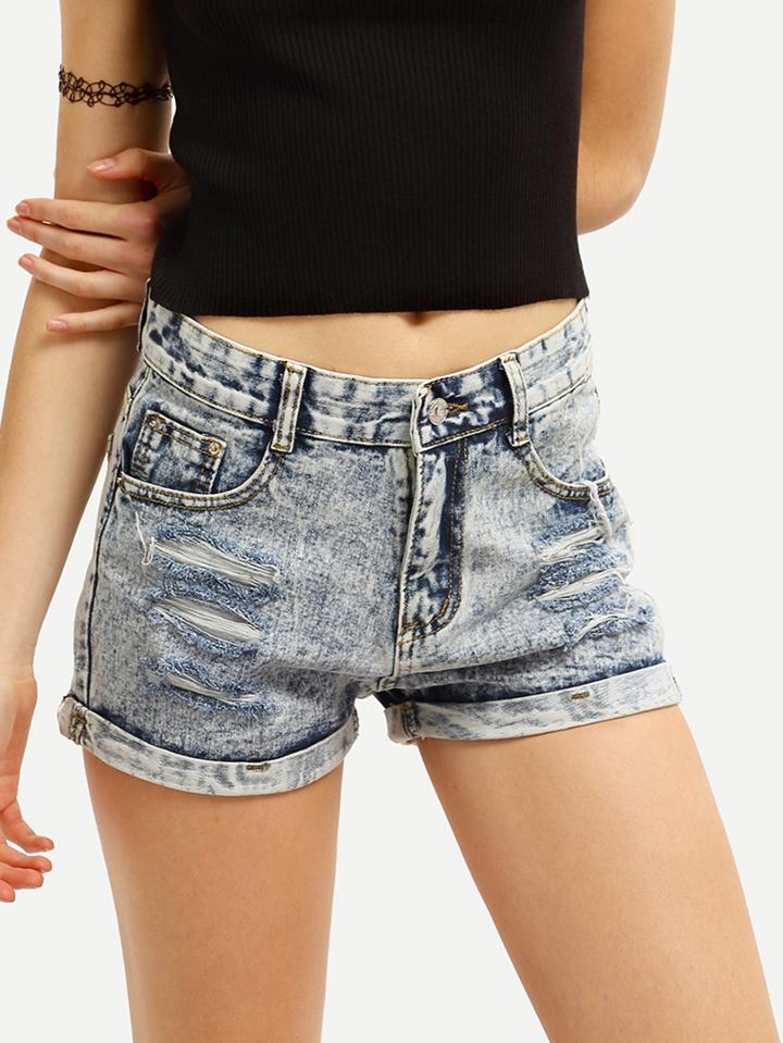 Romwe Frayed Rolled Hem Snow Wash Denim Shorts