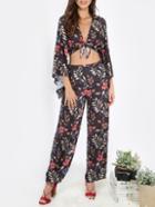 Romwe Multicolor Print V Neck Bell Sleeve Twopieces