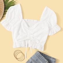 Romwe Eyelet Embroidery Drawstring Front V-neck Shirred Back Blouse
