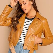 Romwe Zip Up Crop Belted Pu Jacket