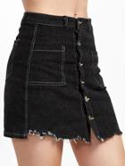 Romwe Black Single Breasted Raw Hem Denim Skirt