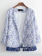 Romwe Blue White Casual Floral Tassel Coat