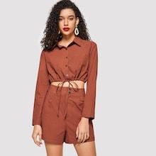 Romwe Button Up Drawstring Hem Crop Shirt & Shorts Set