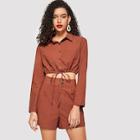 Romwe Button Up Drawstring Hem Crop Shirt & Shorts Set