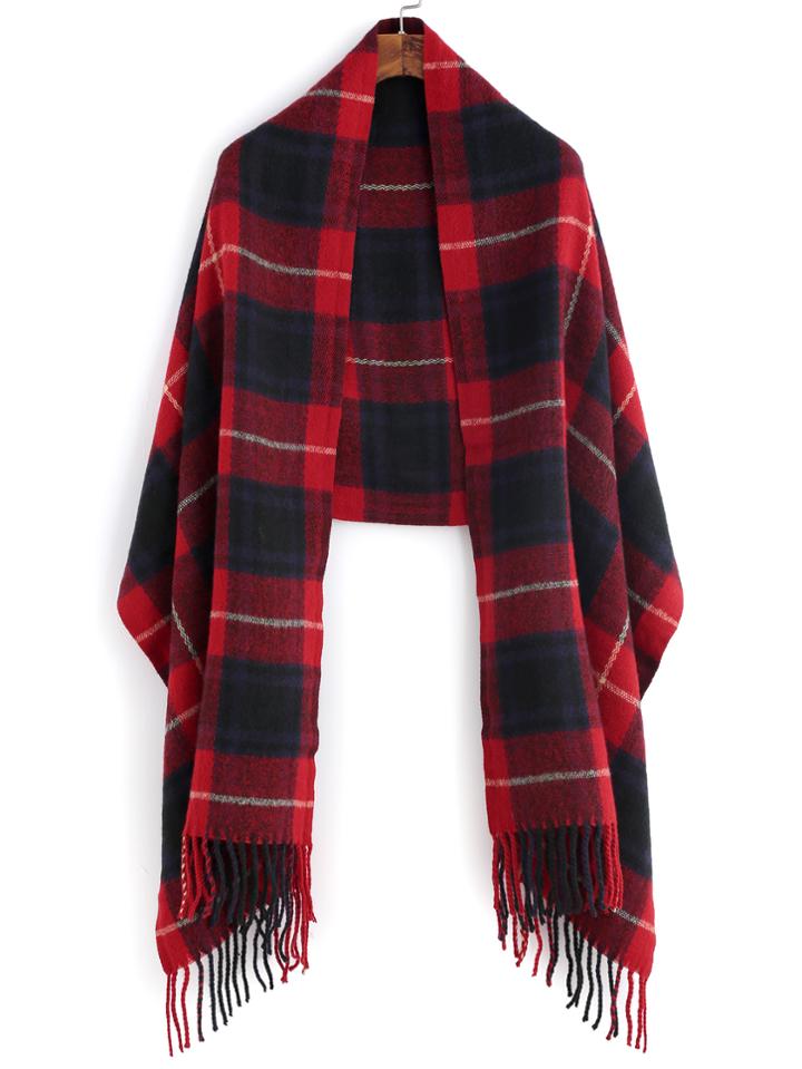 Romwe Red And Black Plaid Fringe Edge Shawl Scarf