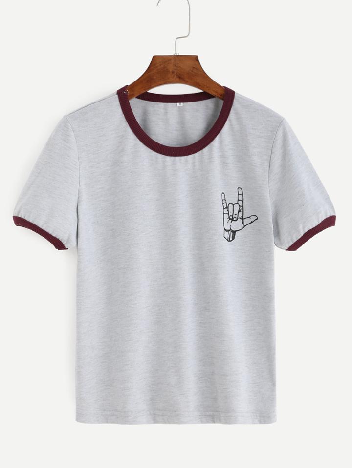 Romwe Grey Contrast Trim Love Gesture Print T-shirt