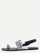 Romwe Snake Embossed Faux Leather Toe Loop Sandals - White