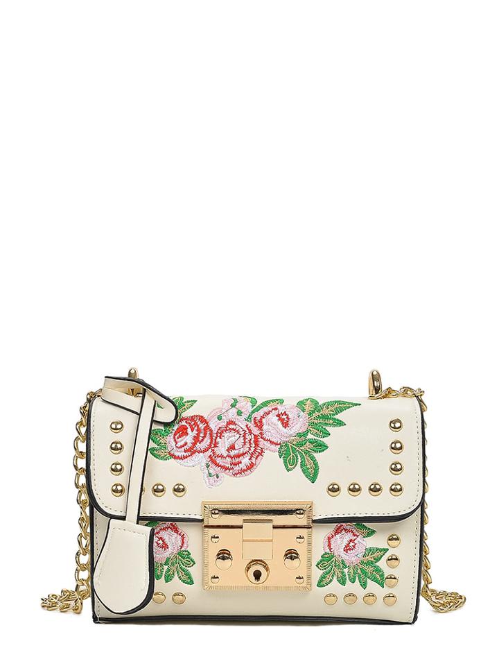 Romwe Rose Embroidered Flap Chain Bag