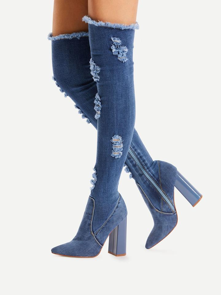 Romwe Side Zipper High Heeled Denim Boots