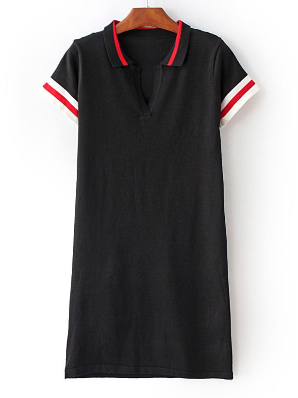 Romwe Black Lapel Stripe Trim T-shirt