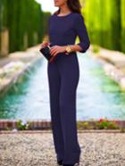 Romwe Open Back Fitted Navy Jumpsuit