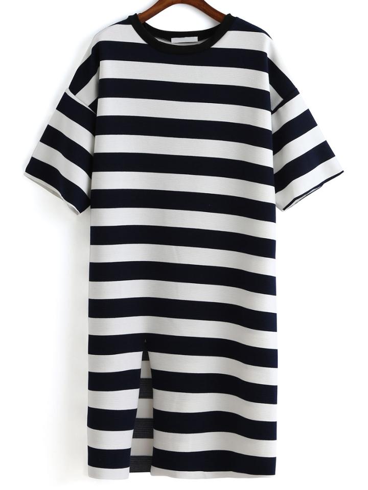 Romwe Striped Split Blue Dress
