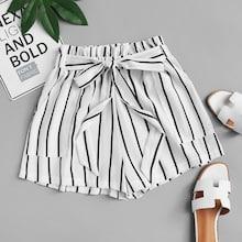 Romwe Frill Trim Tie Waist Striped Shorts