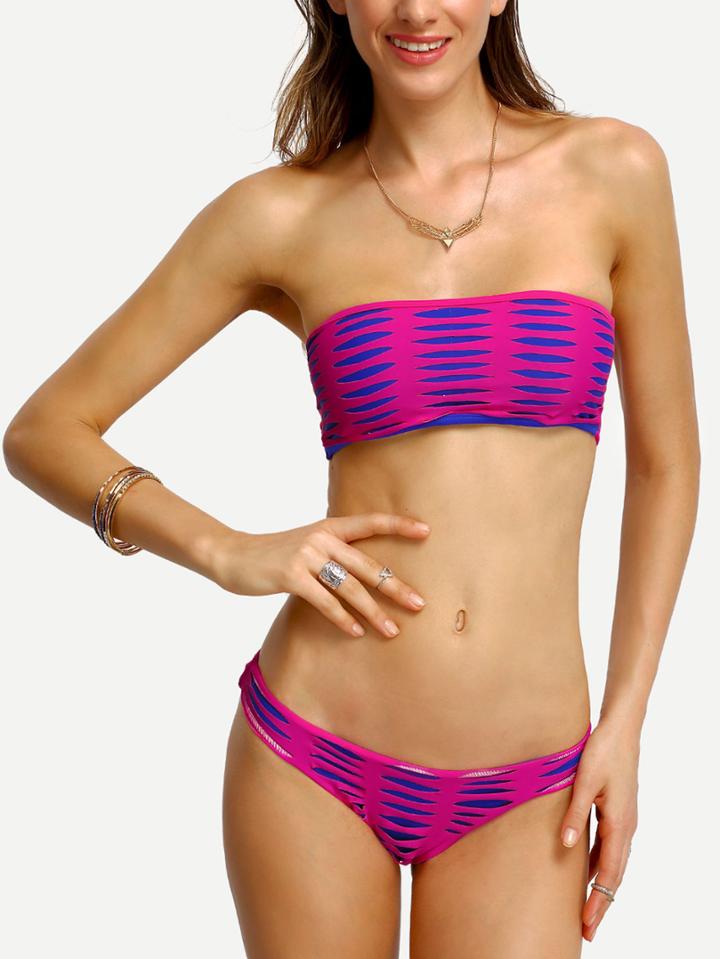 Romwe Cutout Strappy Contrast Bandeau Bikini Set - Purple