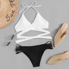 Romwe Two Tone Wrap Top With Ladder Cut-out Bikini