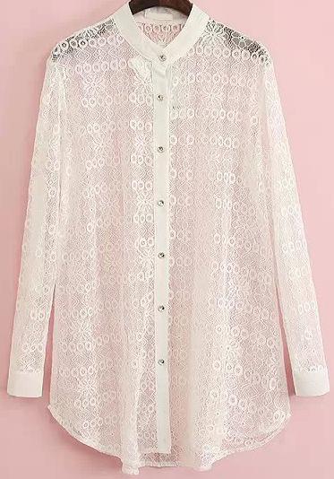 Romwe White Stand Collar Sheer Dip Hem Lace Blouse