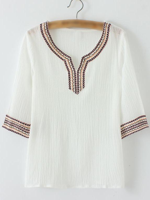 Romwe White Half Sleeve Stripe V Neck Chiffon Blouse