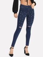 Romwe Pearl Beading Ripped Jeans