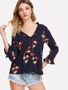 Romwe Frilled V Neck Laser Cut Insert Botanical Blouse