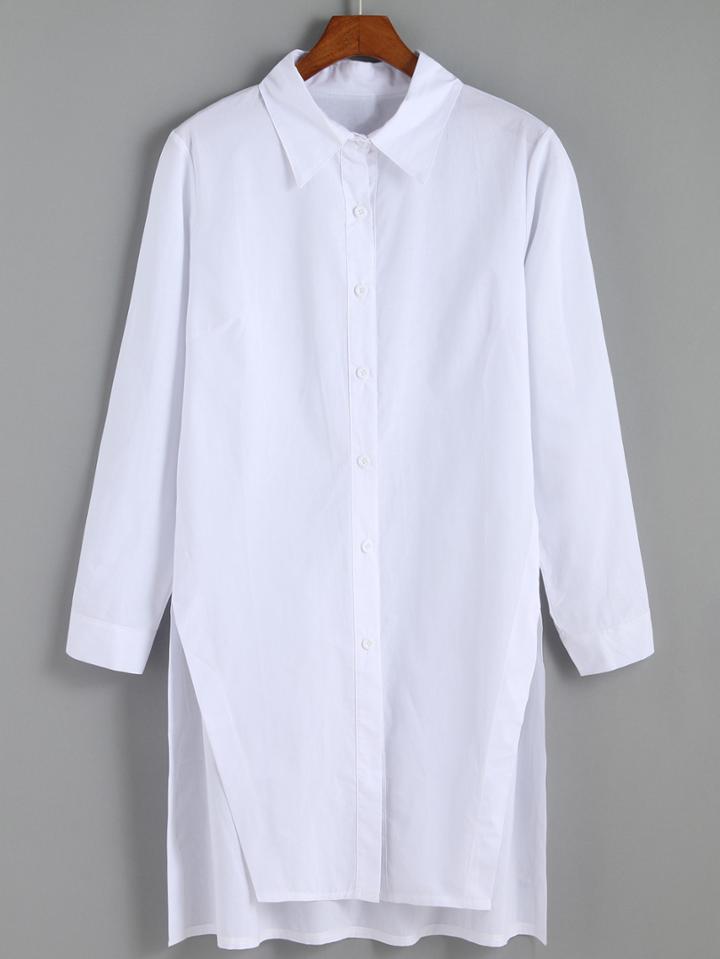 Romwe Lapel Slit Buttons White Blouse