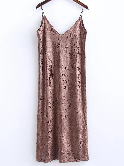 Romwe Khaki Slit Velvet Cami Dress