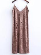 Romwe Khaki Slit Velvet Cami Dress