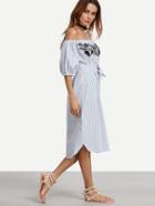 Romwe Blue Vertical Striped Off The Shoulder Embroidered Dress