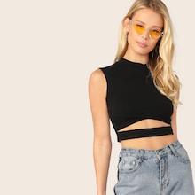 Romwe Mock-neck Cut Out Front Crop Top
