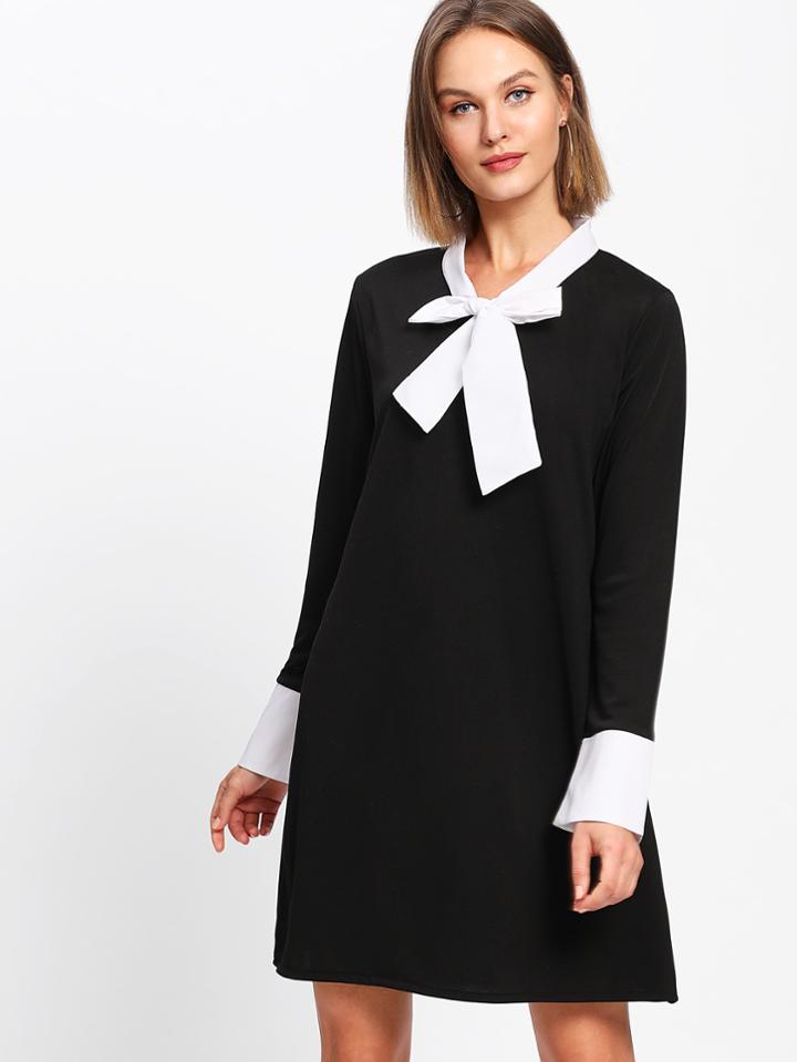 Romwe Contrast Self Tie Neck Shift Dress