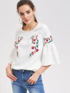 Romwe Symmetric Flower Embroidered Fluted Sleeve Top