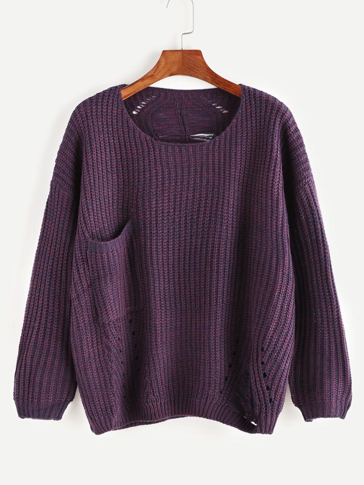 Romwe Purple Drop Shoulder Hollow Pocket Sweater