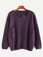 Romwe Purple Drop Shoulder Hollow Pocket Sweater