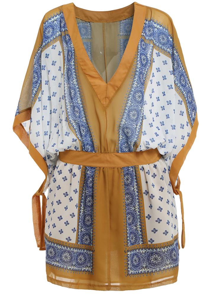 Romwe Deep V Neck Tribal Print Chiffon Dress