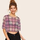 Romwe Crop Lettuce Trim Tartan Semi Sheer Top