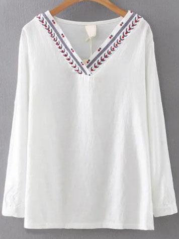 Romwe White Embroidery V Neck Vintage Blouse