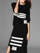 Romwe Black Knit Striped Top With Split Skirt