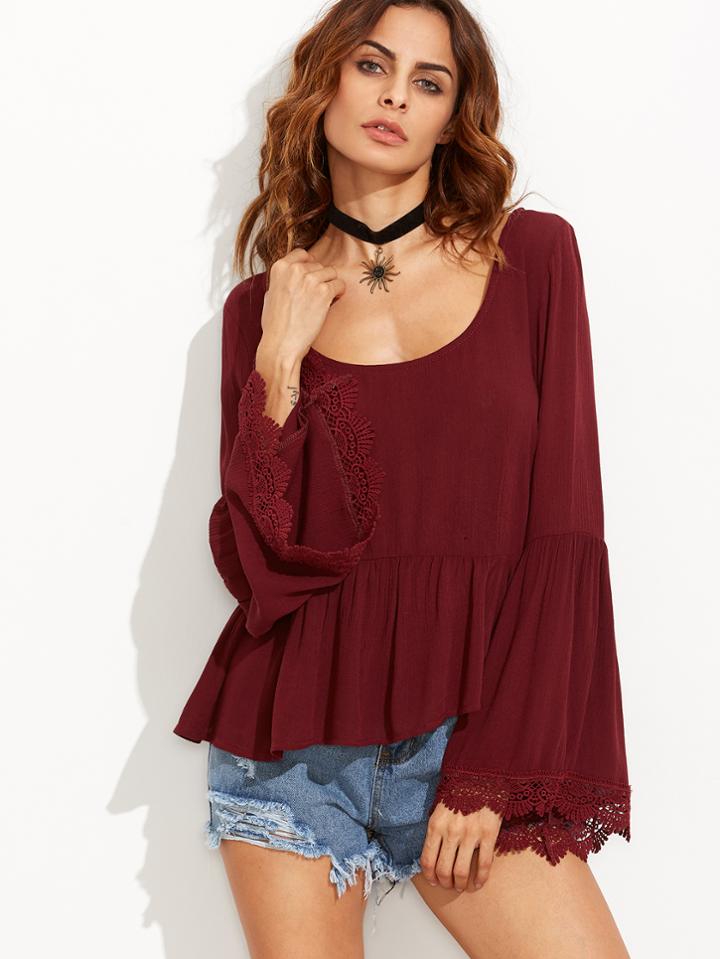 Romwe Burgundy Bell Sleeve Lace Trim Ruffle Top
