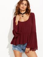 Romwe Burgundy Bell Sleeve Lace Trim Ruffle Top