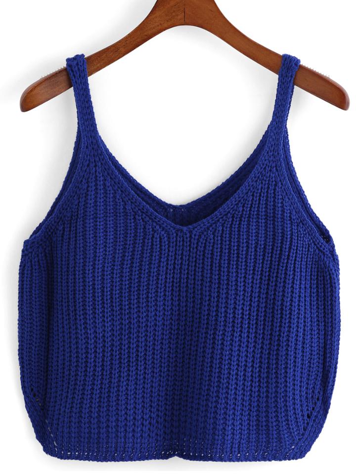 Romwe V Neck Knit Blue Cami Top