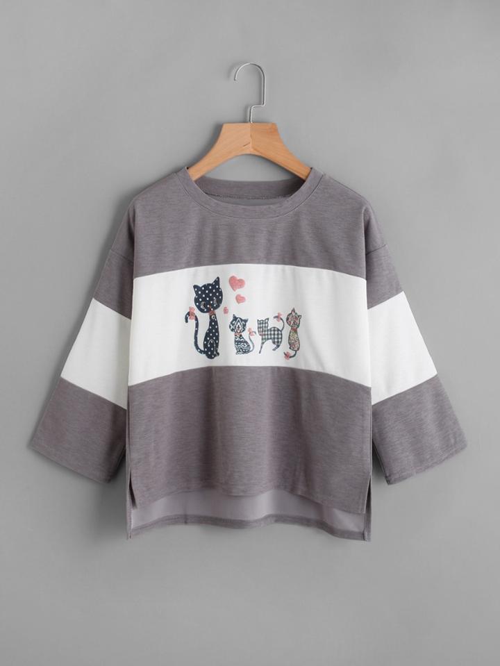 Romwe Cat Print Dip Hem Color Block Tee