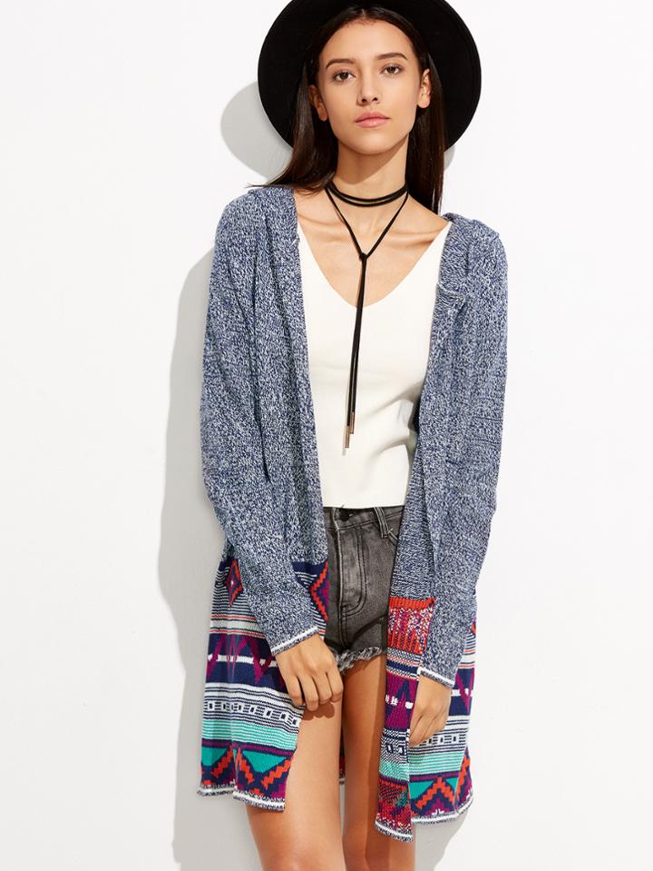 Romwe Geometric Tribal Design Hooded Cardigan
