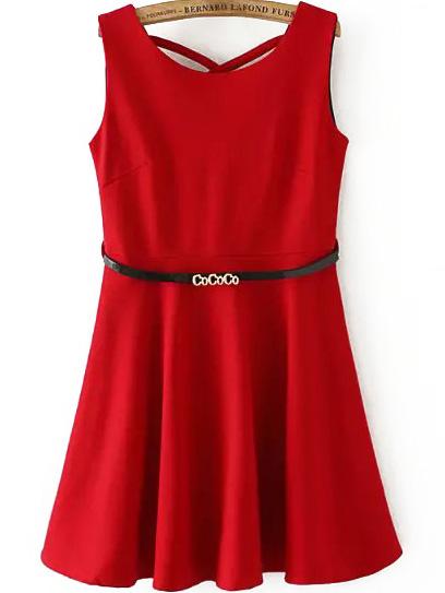 Romwe Sleeveless Crisscross Back Red Dress