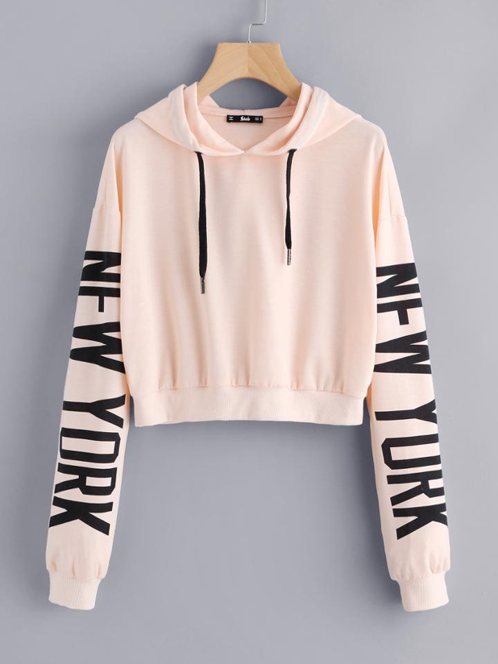 Romwe Drop Shoulder Print Sleeve Hoodie