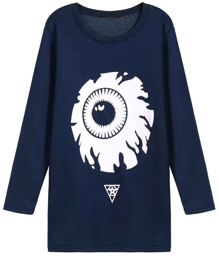 Romwe Eye Print Loose Blue Sweatshirt