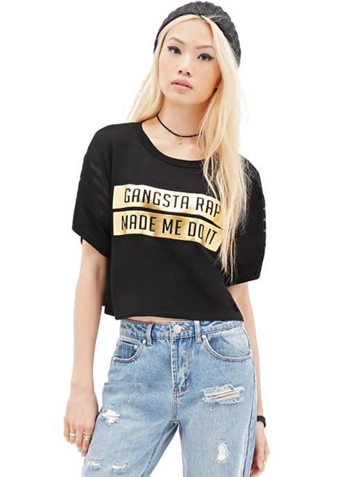 Romwe Letters Print Sheer Mesh Crop T-shirt